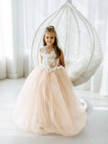 Long Ball Gown Tulle Lace Sleeveless Flower Girl Dress with Bow - photo 2