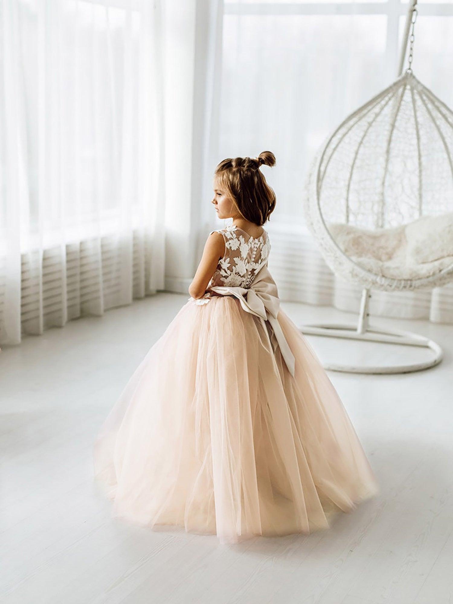 Long Ball Gown Tulle Lace Sleeveless Flower Girl Dress with Bow - photo 4