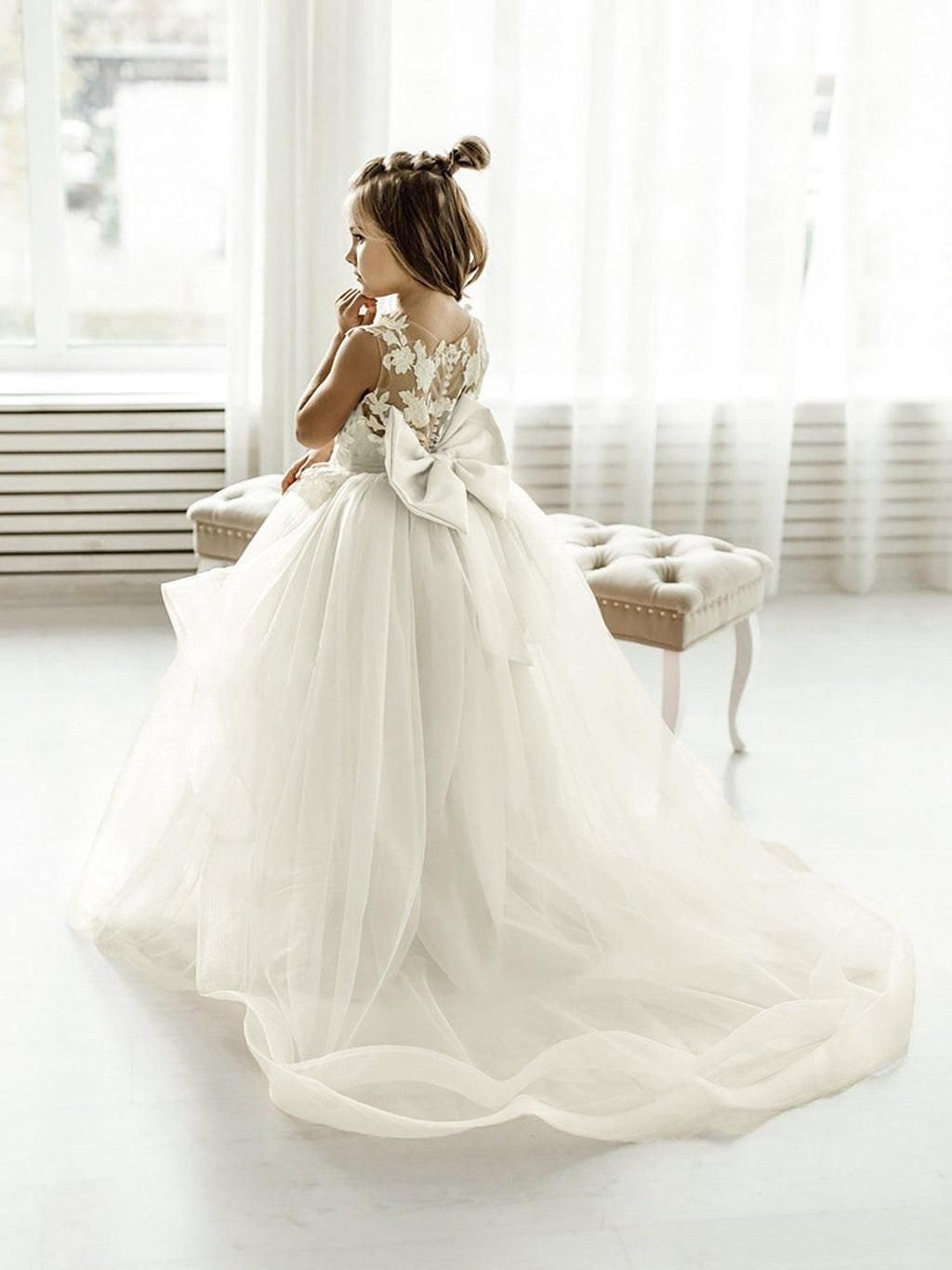 Long Ball Gown Tulle Lace Sleeveless Flower Girl Dress with Bow - photo 5