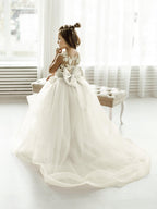 Long Ball Gown Tulle Lace Sleeveless Flower Girl Dress with Bow - photo 5