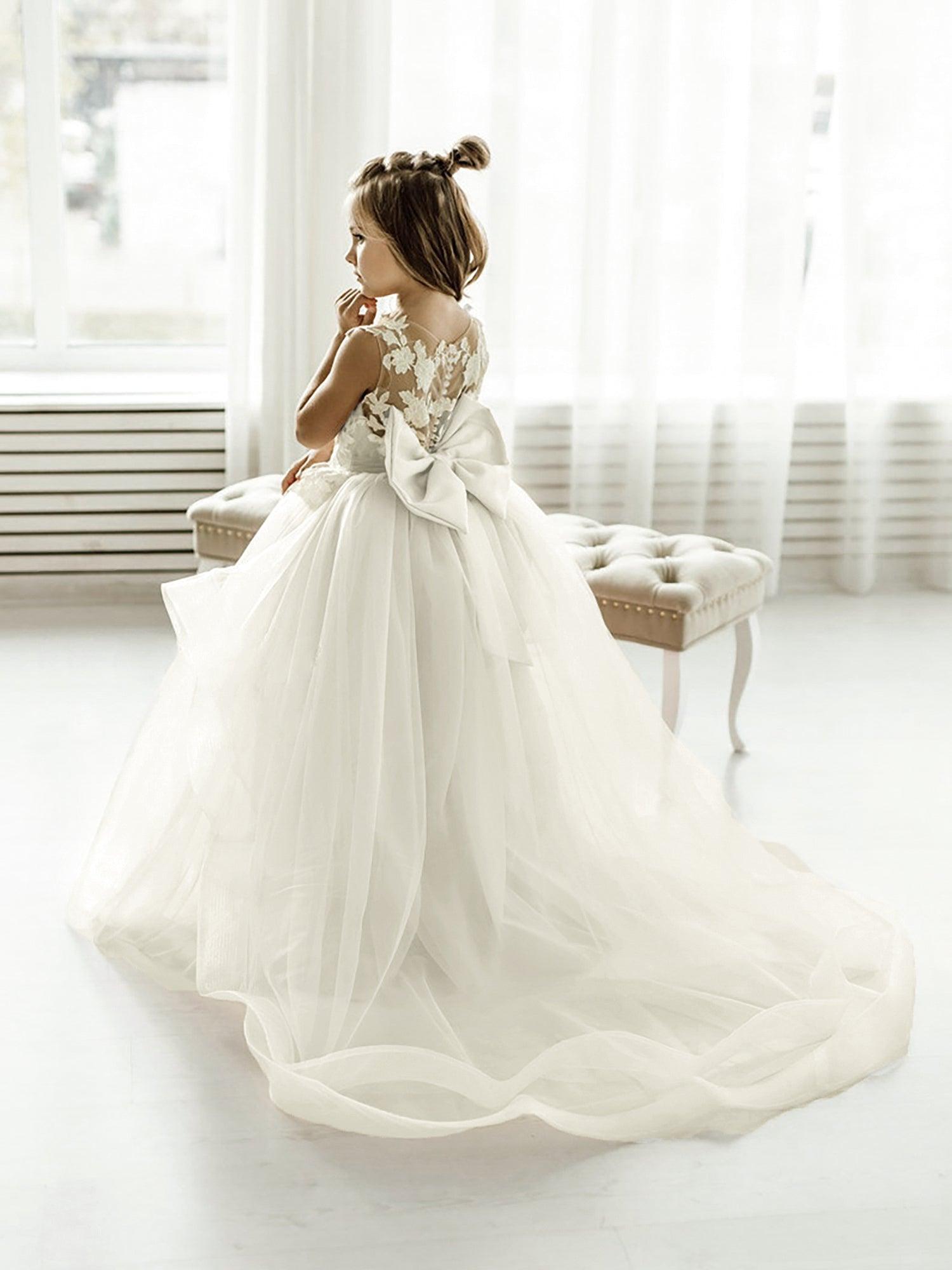 Long Ball Gown Tulle Lace Sleeveless Flower Girl Dress with Bow - photo 5