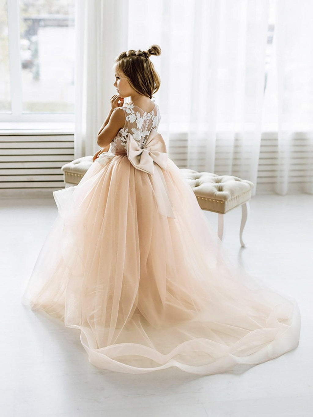 Long Ball Gown Tulle Lace Sleeveless Flower Girl Dress with Bow - photo 1
