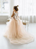 Long Ball Gown Tulle Lace Sleeveless Flower Girl Dress with Bow - photo 1