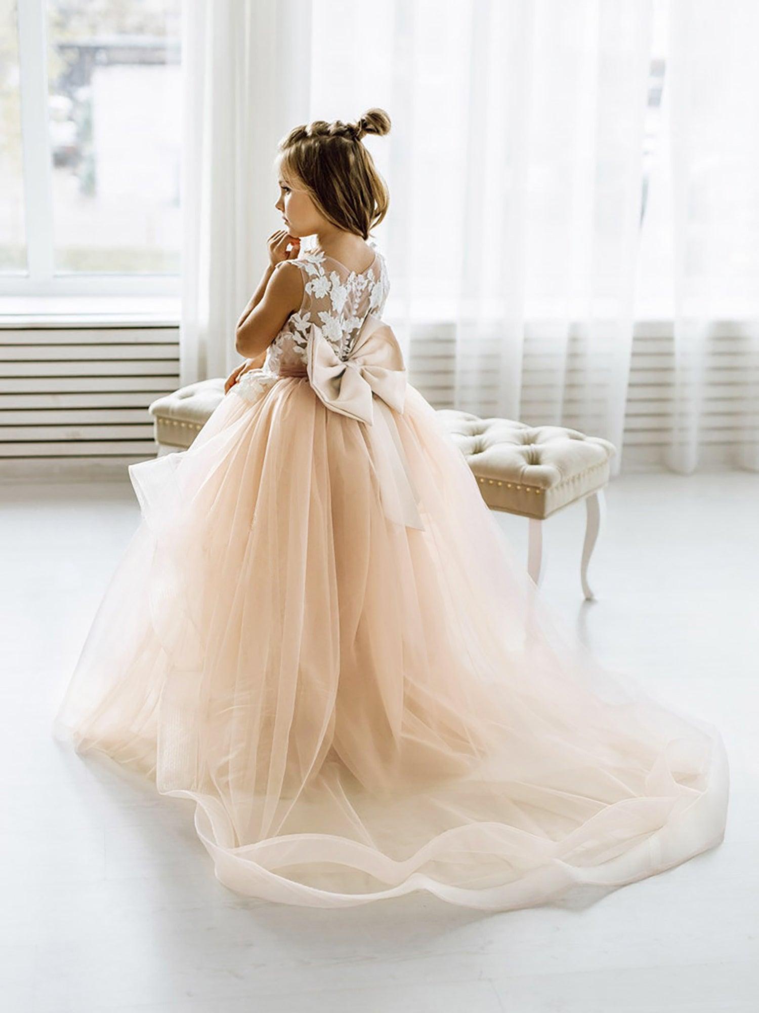 Long Ball Gown Tulle Lace Sleeveless Flower Girl Dress with Bow - photo 1