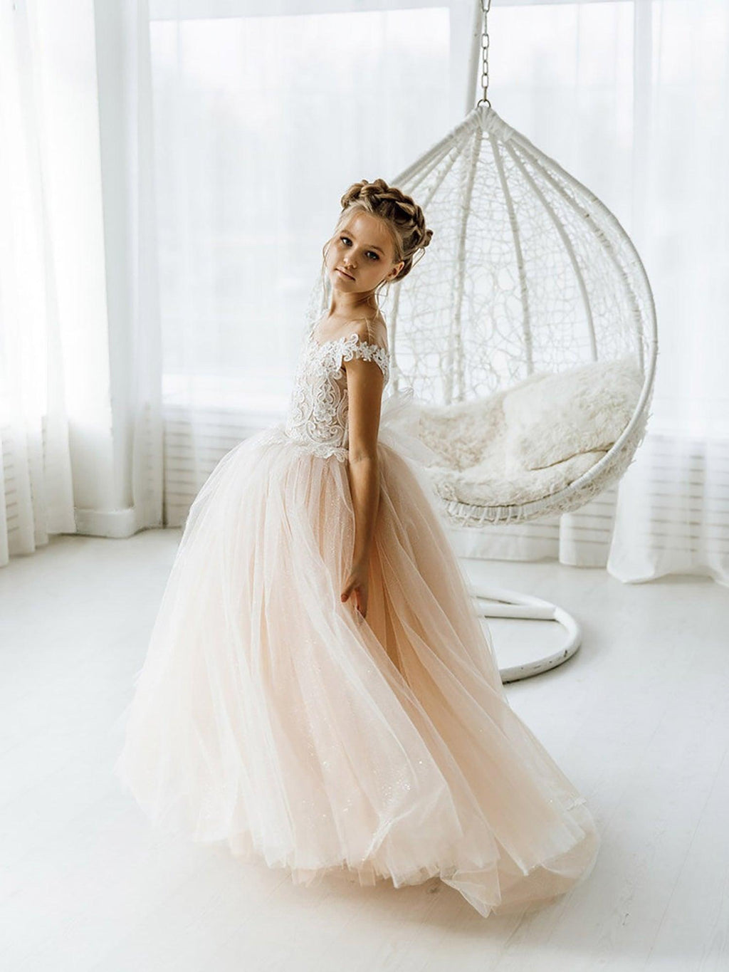 Long Ball Gown Tulle Open Back Boho Flower Girl Dresses with bow - photo 2