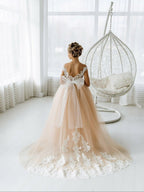 Long Ball Gown Tulle Open Back Boho Flower Girl Dresses with bow - photo 3