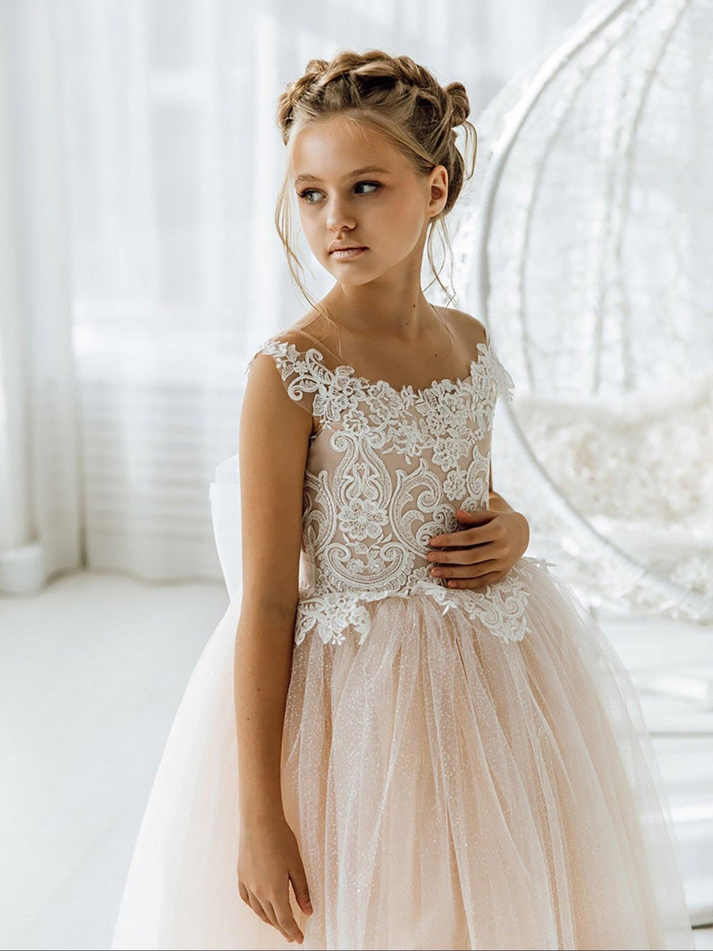 Long Ball Gown Tulle Open Back Boho Flower Girl Dresses with bow - photo 4