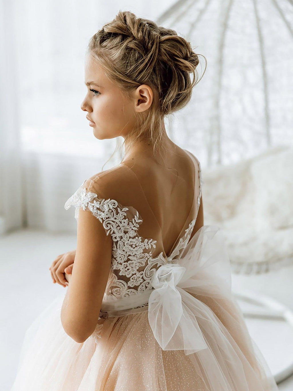 Long Ball Gown Tulle Open Back Boho Flower Girl Dresses with bow - photo 5