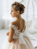 Long Ball Gown Tulle Open Back Boho Flower Girl Dresses with bow - photo 5