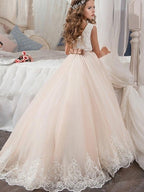 Long Ball Gown Tulle Sleeveless Jewel Neck Wedding Party Flower Girl Dresses - photo 2