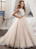 Long Ball Gown Tulle Sleeveless Jewel Neck Wedding Party Flower Girl Dresses - photo 1
