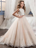 Long Ball Gown Tulle Sleeveless Jewel Neck Wedding Party Flower Girl Dresses - photo 1