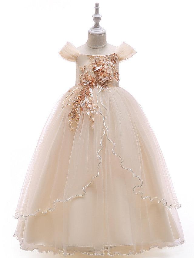 Long Ball Gown Tulle Sleeveless Off The Shoulder Wedding Party Flower Girl Dresses