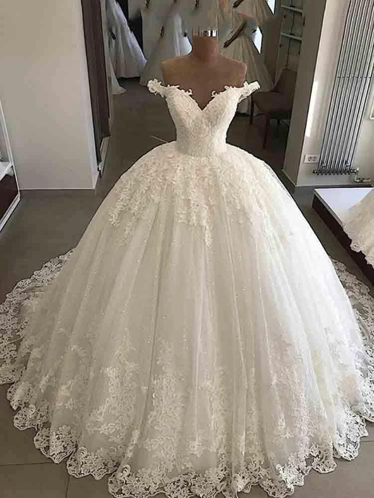 Long Ball Gown V-Neck Lace Tulle Wedding Dresses by BIZTUNNEL