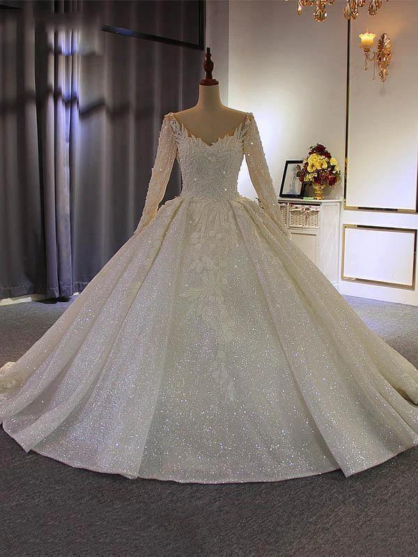 Long Ball Gown V Neck Sequins Wedding Dresses with Sleeves by BIZTUNNEL