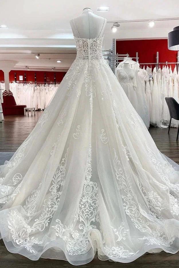 Long Ball Gown V-neck Spaghetti Straps Tulle Lace Wedding Dress by BIZTUNNEL
