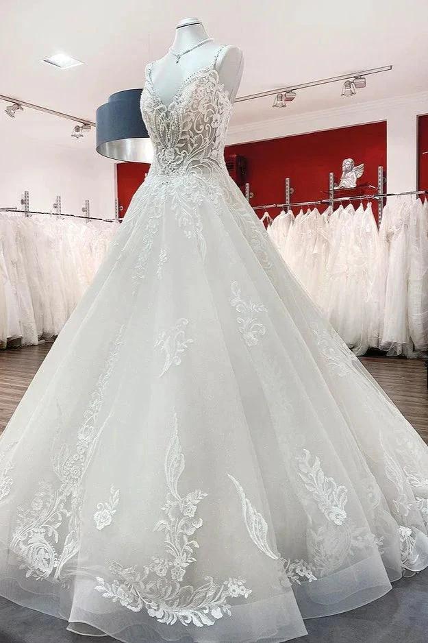 Long Ball Gown V-neck Spaghetti Straps Tulle Lace Wedding Dress by BIZTUNNEL