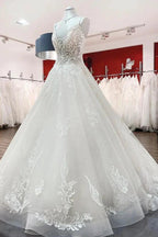 Long Ball Gown V-neck Spaghetti Straps Tulle Lace Wedding Dress by BIZTUNNEL