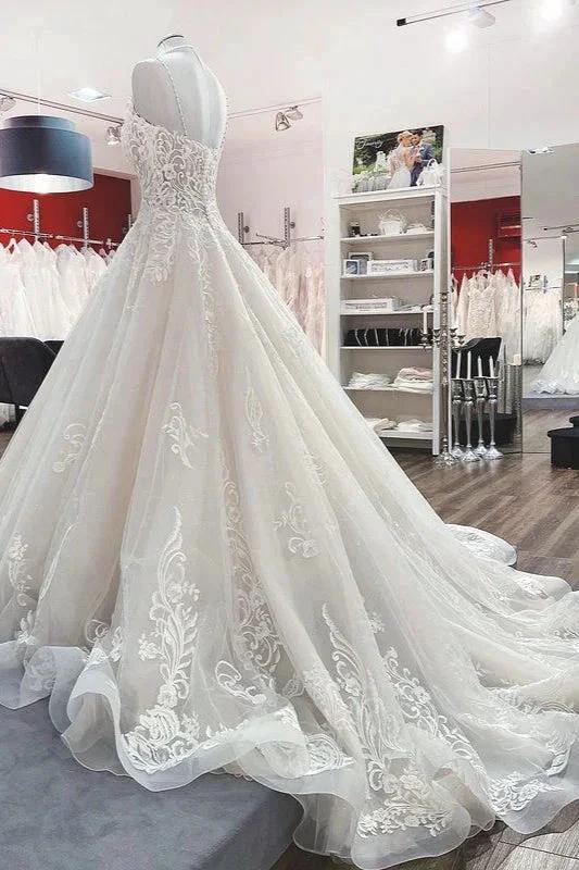 Long Ball Gown V-neck Spaghetti Straps Tulle Lace Wedding Dress by BIZTUNNEL