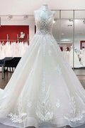 Long Ball Gown V-neck Spaghetti Straps Tulle Lace Wedding Dress by BIZTUNNEL