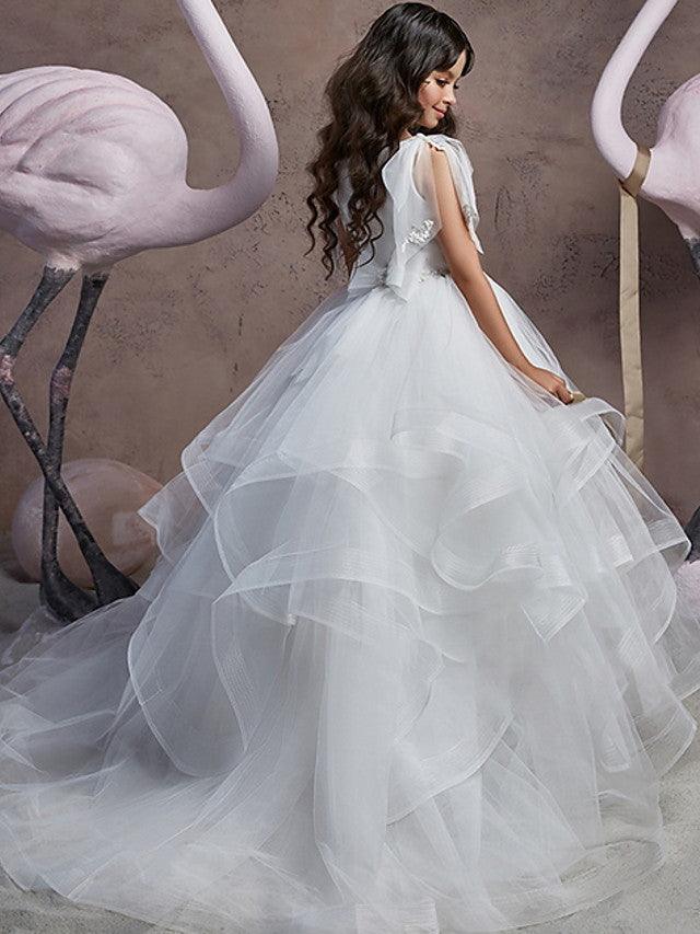 Long Ball Gown V Neck Tulle Party Birthday Flower Girl Dresses - photo 2