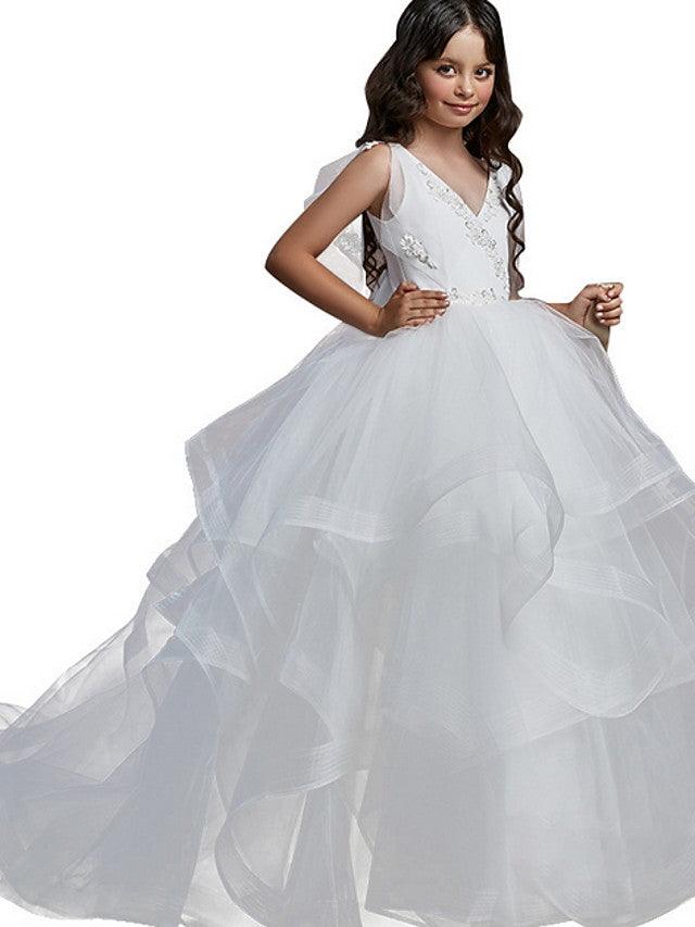 Long Ball Gown V Neck Tulle Party Birthday Flower Girl Dresses - photo 3