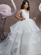 Long Ball Gown V Neck Tulle Party Birthday Flower Girl Dresses - photo 1