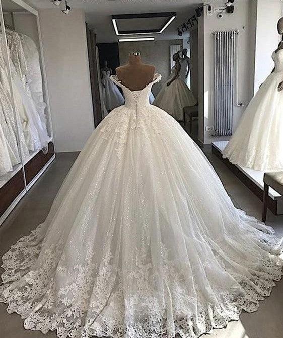 Long Ball Gowns Off-the-shoulder Lace Tulle Wedding Dresses by BIZTUNNEL
