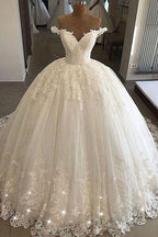 Long Ball Gowns Off-the-shoulder Lace Tulle Wedding Dresses by BIZTUNNEL