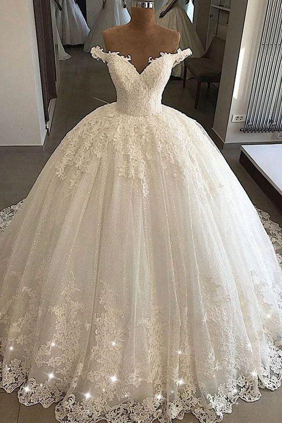 Long Ball Gowns Off-the-shoulder Lace Tulle Wedding Dresses by BIZTUNNEL