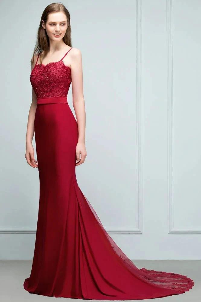 Long Burgundy Mermaid Spaghetti Sweetheart Appliques Prom Dresses with Beads by misshow.com