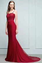 Long Burgundy Mermaid Spaghetti Sweetheart Appliques Prom Dresses with Beads by misshow.com