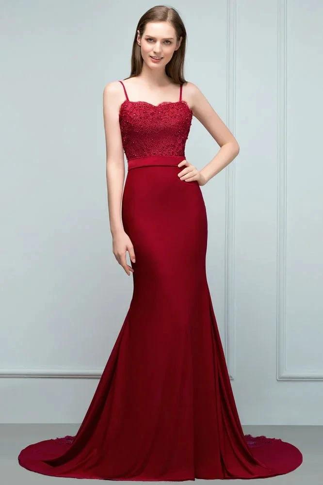 Long Burgundy Mermaid Spaghetti Sweetheart Appliques Prom Dresses with Beads by misshow.com