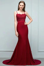 Long Burgundy Mermaid Spaghetti Sweetheart Appliques Prom Dresses with Beads by misshow.com