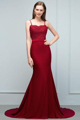 Vestidos de fiesta largos color burdeos con escote en forma de corazón, corte sirena y apliques de cuentas