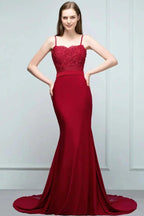 Long Burgundy Mermaid Spaghetti Sweetheart Appliques Prom Dresses with Beads by misshow.com