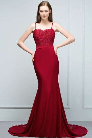 Vestidos de fiesta largos color burdeos con escote en forma de corazón, corte sirena y apliques de cuentas