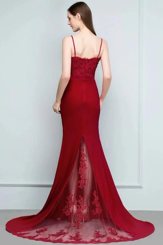 Long Burgundy Mermaid Spaghetti Sweetheart Appliques Prom Dresses with Beads by misshow.com
