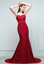 Long Burgundy Mermaid Spaghetti Sweetheart Appliques Prom Dresses with Beads by misshow.com