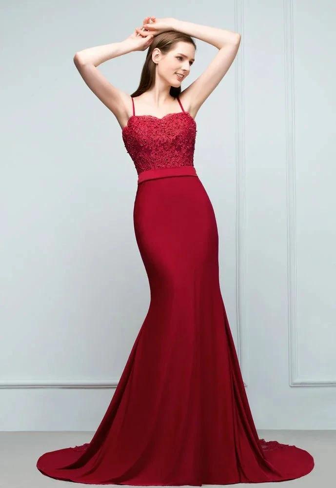 Long Burgundy Mermaid Spaghetti Sweetheart Appliques Prom Dresses with Beads by misshow.com