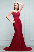 Long Burgundy Mermaid Spaghetti Sweetheart Appliques Prom Dresses with Beads by misshow.com