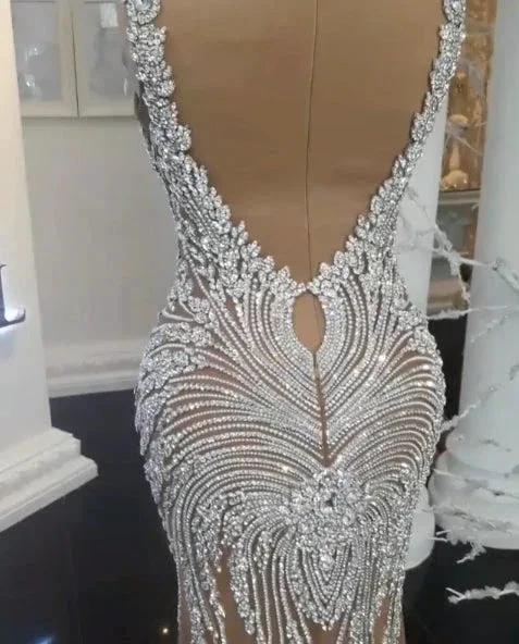 Long Champagne V-Neck Beading Backless Mermaid Wedding Dresses by BIZTUNNEL