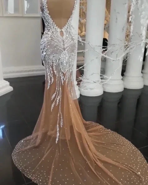 Long Champagne V-Neck Beading Backless Mermaid Wedding Dresses by BIZTUNNEL