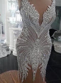 Long Champagne V-Neck Beading Backless Mermaid Wedding Dresses by BIZTUNNEL