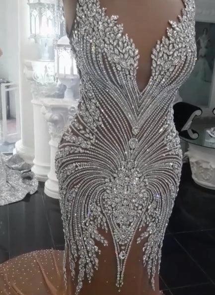 Long Champagne V-Neck Beading Backless Mermaid Wedding Dresses by BIZTUNNEL