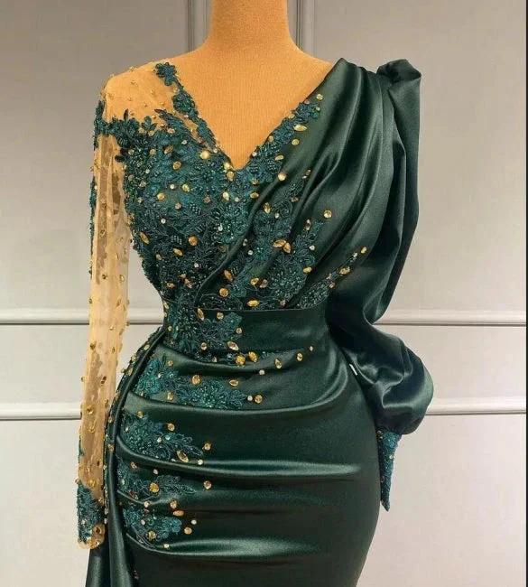 Long Dark Green Elegant Mermaid Prom Dresses with Sleeves by misshow.com