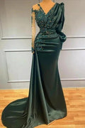 Long Dark Green Elegant Mermaid Prom Dresses with Sleeves by misshow.com
