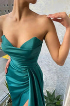 Long Dark Green Mermaid Sleeveless Satin Evening Dresses With Slit by misshow.com