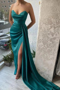 Long Dark Green Mermaid Sleeveless Satin Evening Dresses With Slit by misshow.com