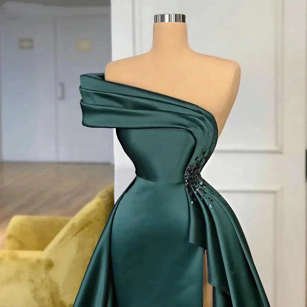 Long Dark Green Satin Prom Dresses Elegant Split Evening Gowns by misshow.com